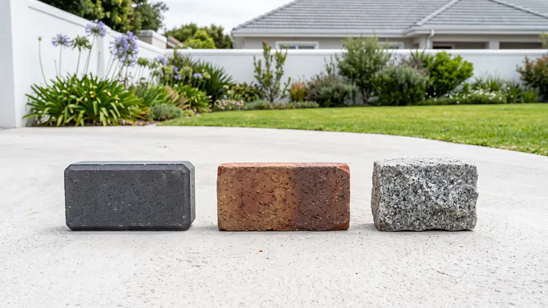 Three paving samples side by side on a concrete driveway: a dark grey concrete paver with chamfered edges, a red-brown clay brick and a speckled grey granite block with a rough split face