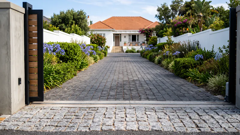 An open gateway with a granite sett apron in the foreground and a long charcoal cobble driveway leading to a white house with a terracotta roof