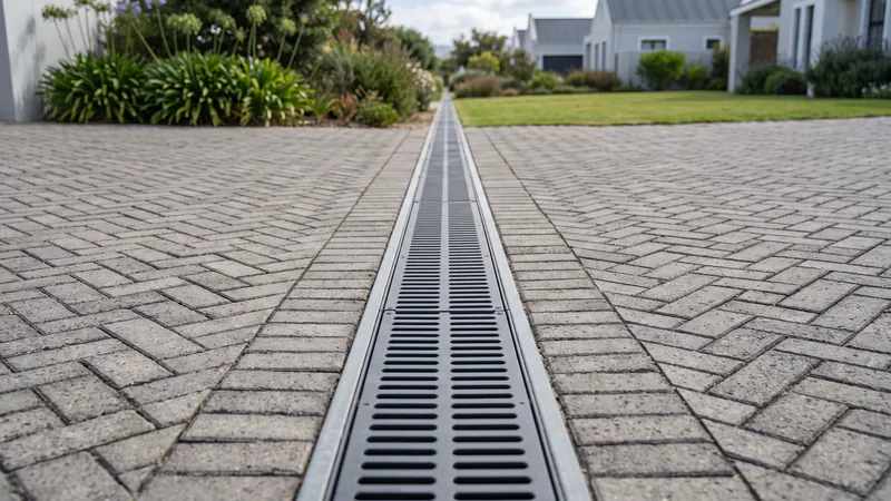 A straight channel drain with plain slotted grates running through grey herringbone block paving