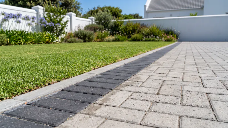A light grey block-paved driveway edged with a single straight course of dark charcoal pavers beside a lawn