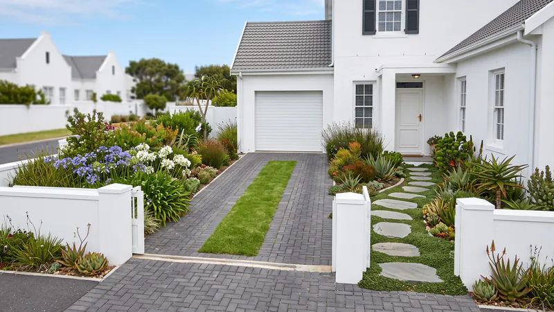 A white house frontage with a charcoal paved driveway split by a grass strip and a separate stepping stone path through groundcover to the front door
