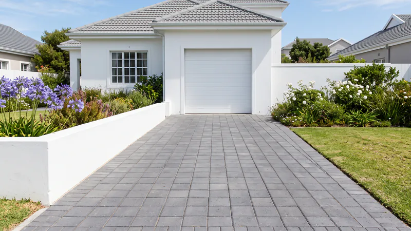 A short grey block-paved driveway in front of a white house, its joint lines running square to the garage door and the front wall