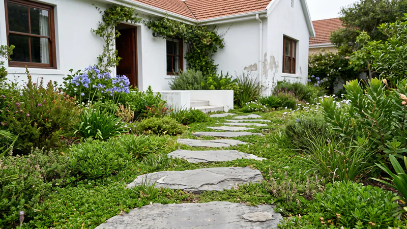 Large flat grey stepping stones set in low green groundcover and fynbos, leading to the front step of a white house