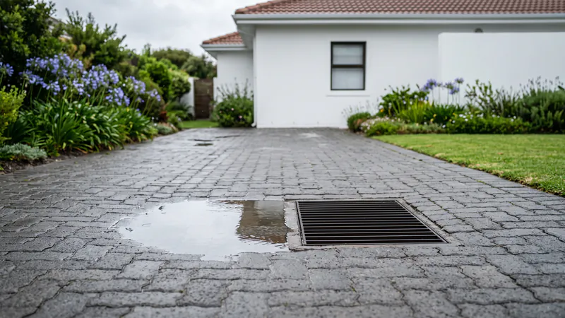 A wet grey block-paved driveway with a shallow puddle standing in a dip beside a metal stormwater grating, in front of a white house wall