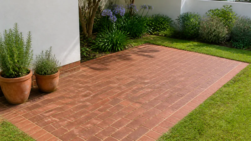 A red-brown clay brick patio laid in stretcher bond inside a single border course of the same bricks, meeting a lawn, with two terracotta pots of herbs against a white wall