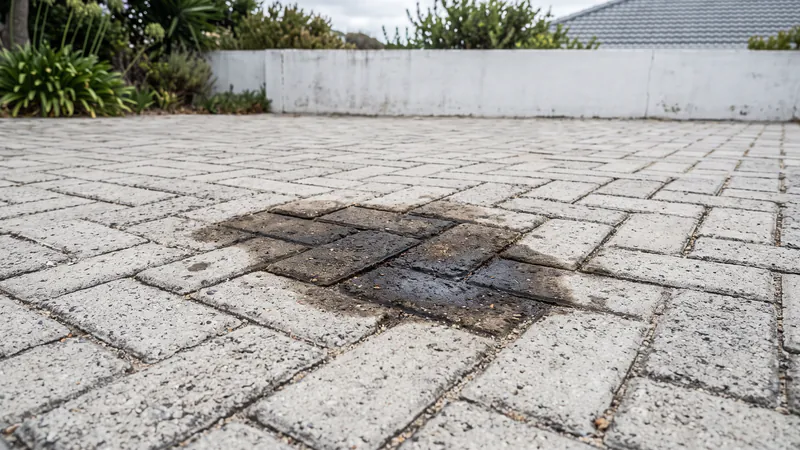 A dark engine-oil stain soaked into several light-grey concrete pavers on a driveway