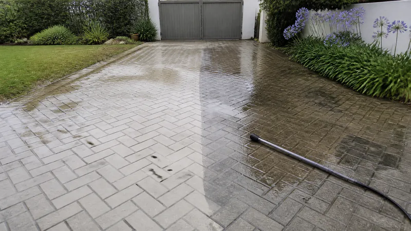 A wet herringbone block-paved driveway, the left half pressure-washed pale and clean and the right half still dark with grime, with a spray lance lying on the dirty side