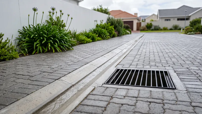 Rainwater running along a clear concrete channel beside grey block paving, next to a plain steel stormwater grating