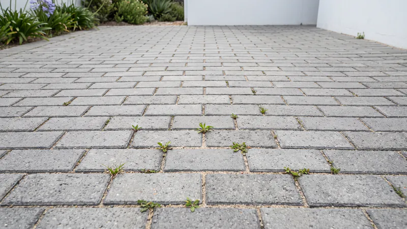 Small weed seedlings growing from the sand in the joints of grey stretcher-bond paving