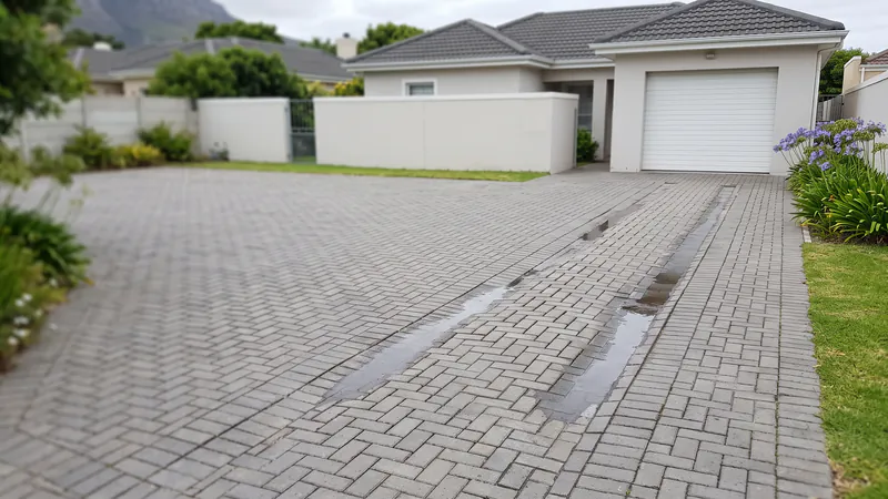 A block-paved driveway with sunken wheel tracks holding rainwater