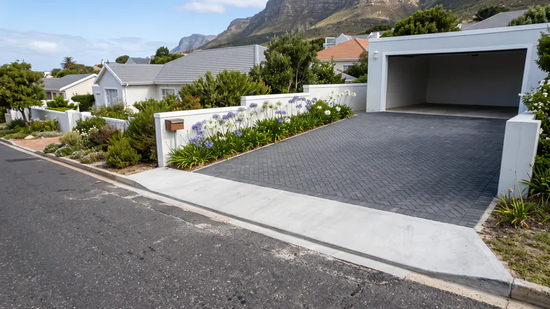 A driveway with block paving and a concrete apron meeting the street