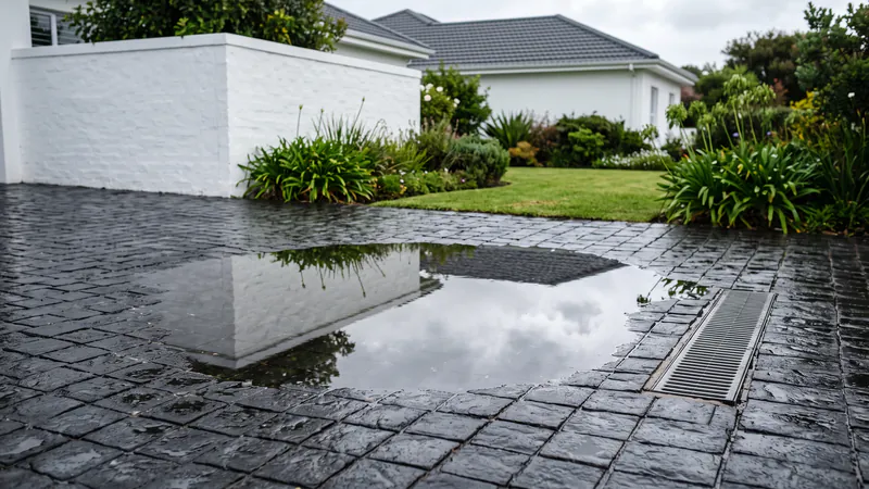 A rainwater puddle standing on a wet charcoal block-paved driveway beside a white wall, with a drainage grate at the edge