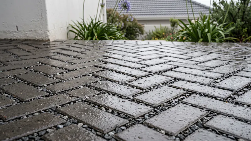 Wet grey concrete paving blocks with raindrops on them and small dark crushed stone chips filling the joints between the blocks