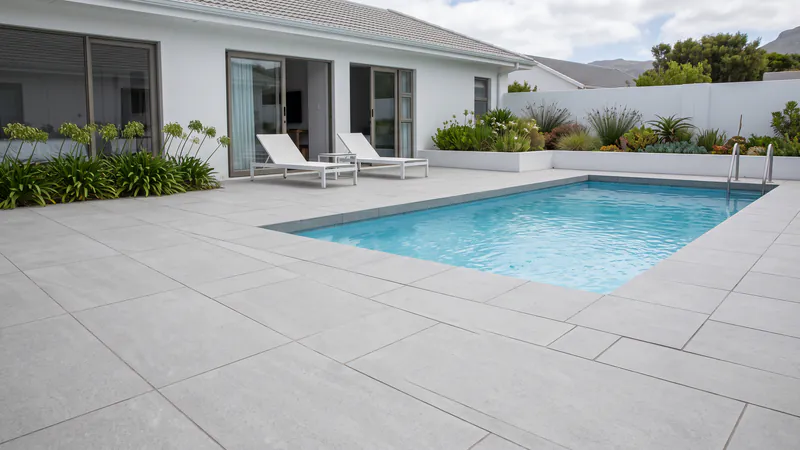 Large light-grey rectangular porcelain pavers with thin straight joints around a rectangular pool, in front of a white house with glass sliding doors