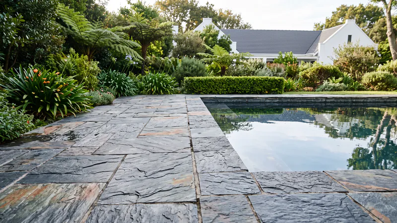 Dark charcoal cleft slate flagstones with a ridged, split surface and rust-coloured patches, laid to the edge of a pool in a planted garden