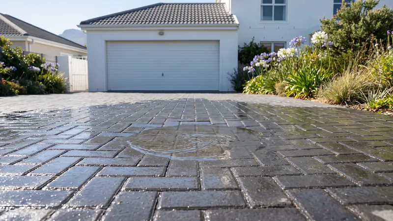 A wet charcoal block-paved driveway in front of a white garage, with a shallow puddle left standing in a dip in the paving