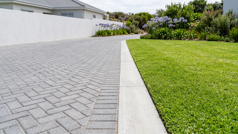 Grey concrete block driveway in a tight herringbone pattern with even joints, held along its side by a straight cast concrete edge strip beside a lawn