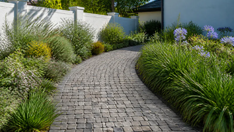 A curving garden path of small, roughly square grey concrete cobbles with softened edges, between beds of fynbos and agapanthus, beside a white garden wall