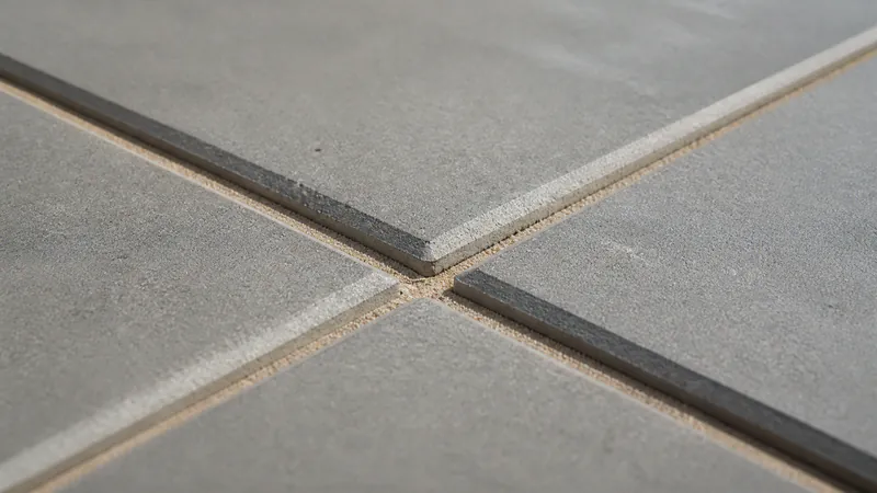 Close-up of four grey concrete paving units meeting at a corner, each with a narrow bevelled top edge, the joints between them filled with pale sand