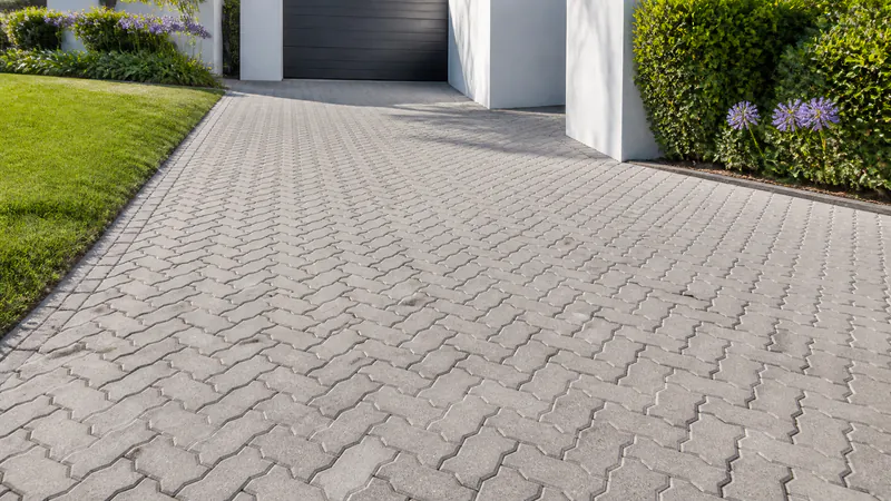 A driveway of grey concrete paving blocks with zigzag-shaped sides that key into each other, laid in herringbone beside a lawn, leading to a dark garage door