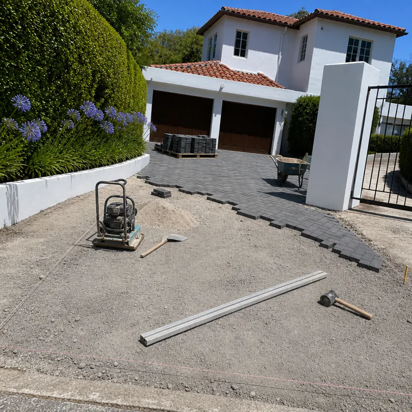 Charcoal pavers part-laid in a herringbone pattern on a levelled sand bed, with a plate compactor on the unpaved half and a pallet of blocks by the garage