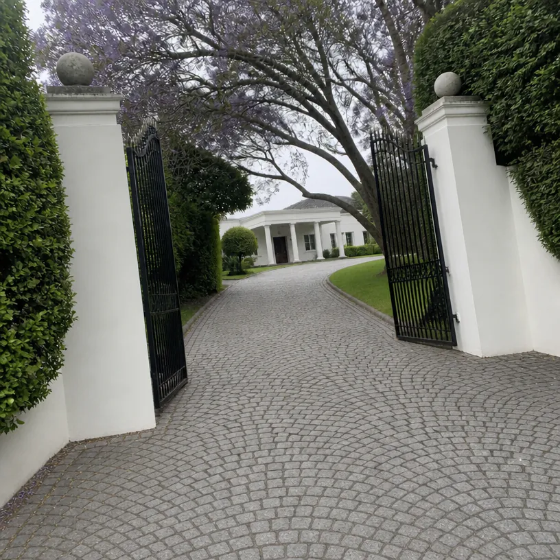 Granite cobblestone entrance driveway laid in a curved fan pattern between white gate piers