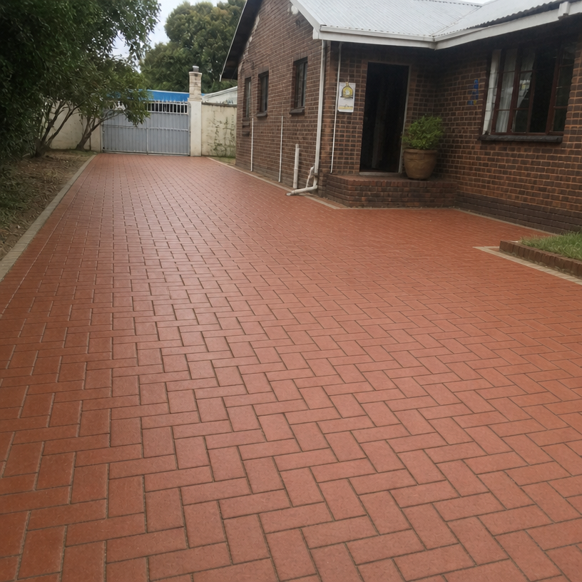 The same clay brick driveway relaid flat in a tight herringbone bond with filled joints and a restored edge course