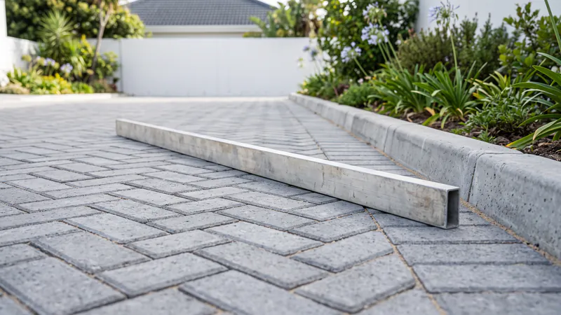 A long plain straight edge lying across grey herringbone block paving beside a raised concrete kerb