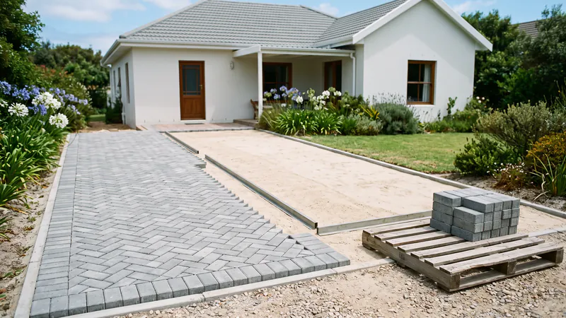 A driveway half laid: grey pavers in herringbone on one side and a screeded bedding-sand bed between steel rails on the other, with a pallet of pavers