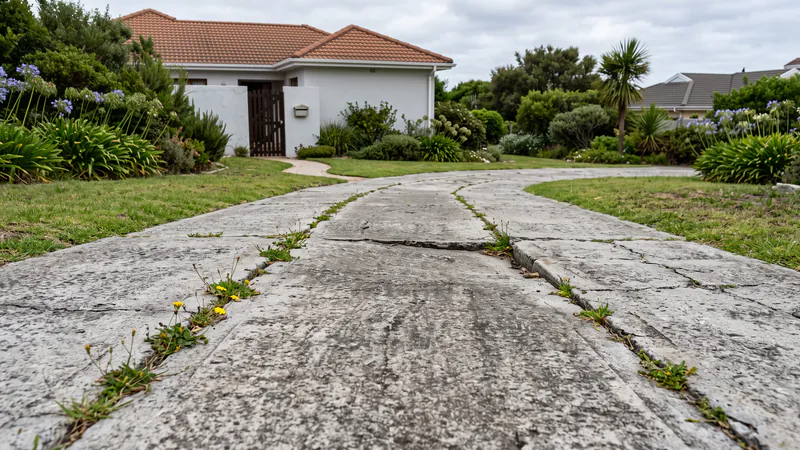 An old grey concrete driveway with long cracks along the wheel tracks and weeds in the cracks
