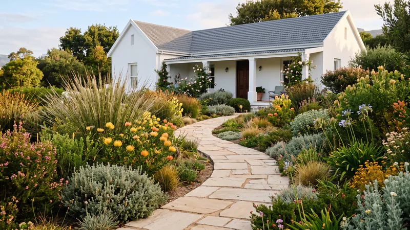 A curving sandstone flagstone path through a fynbos garden to a white house