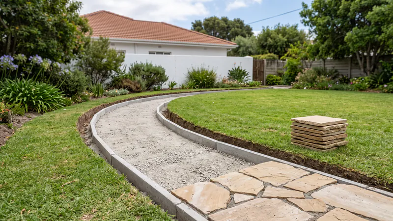 A garden path under construction: a shallow trench through a lawn filled with a levelled grey gravel base between grey concrete edge strips, with the first sandstone flagstones laid at one end