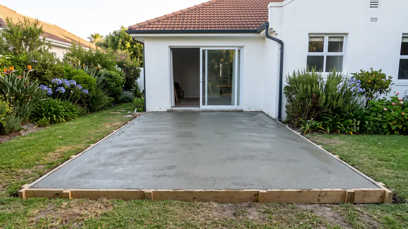 A freshly cast, flat grey concrete slab inside timber formwork on a lawn behind a white house with a sliding door