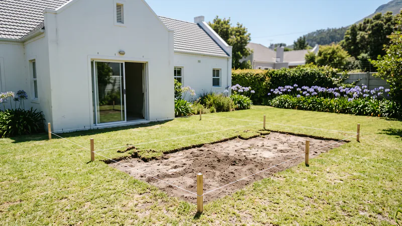 A lawn behind a white house marked out with white string lines on timber pegs, the turf inside the rectangle lifted to bare soil