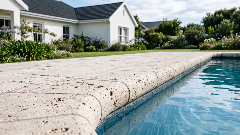 A row of pale travertine bullnose coping pieces with rounded front edges along a pool, with the matt travertine deck behind and a house and garden beyond